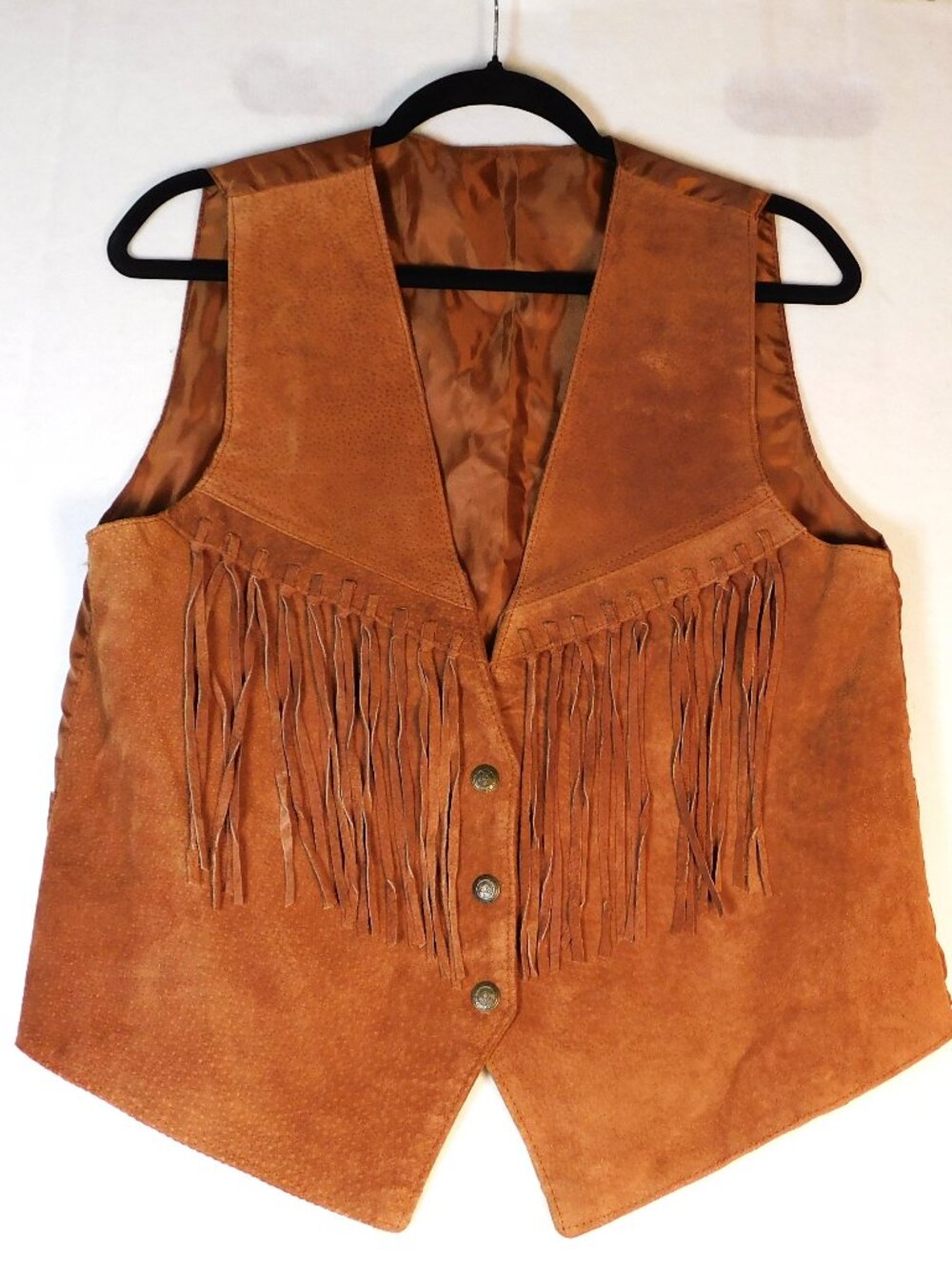 VTG H.L. Spencer S Brown 100% Leather Vest w/Fringe Star Snaps Tie Back Western